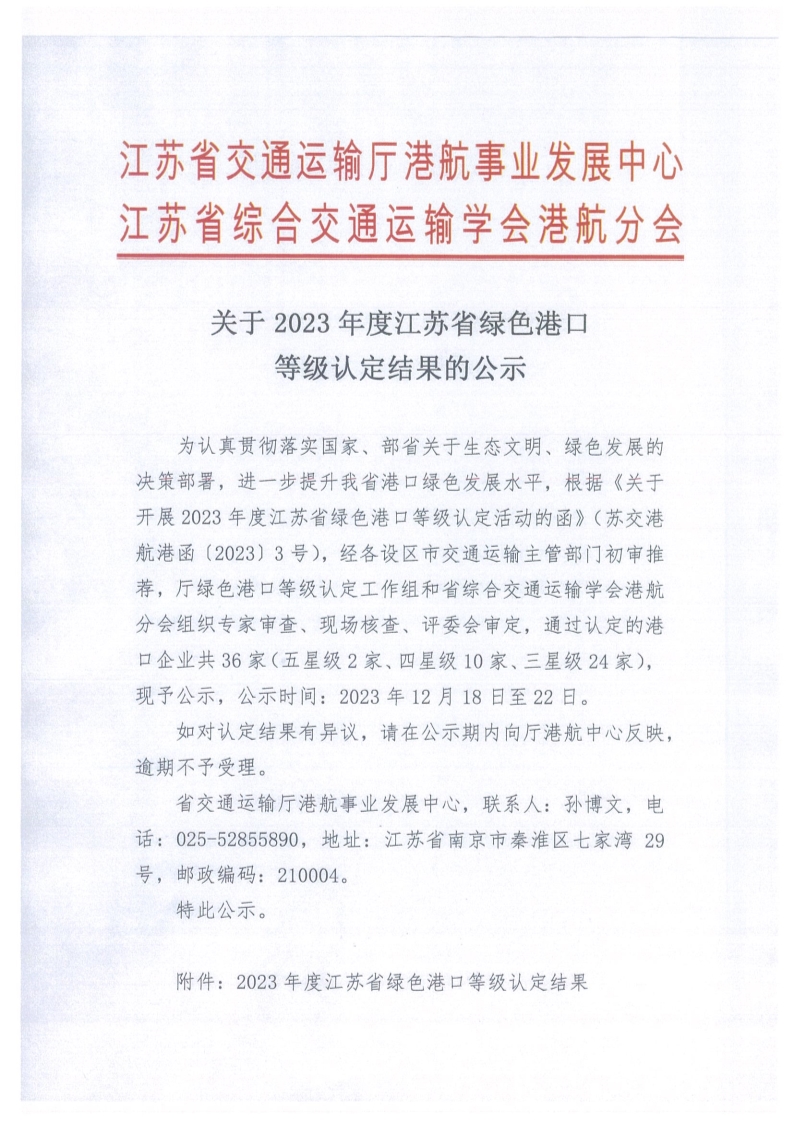 关于2023年度江苏省绿色港口等级认定结果的公示正式版_1.jpg